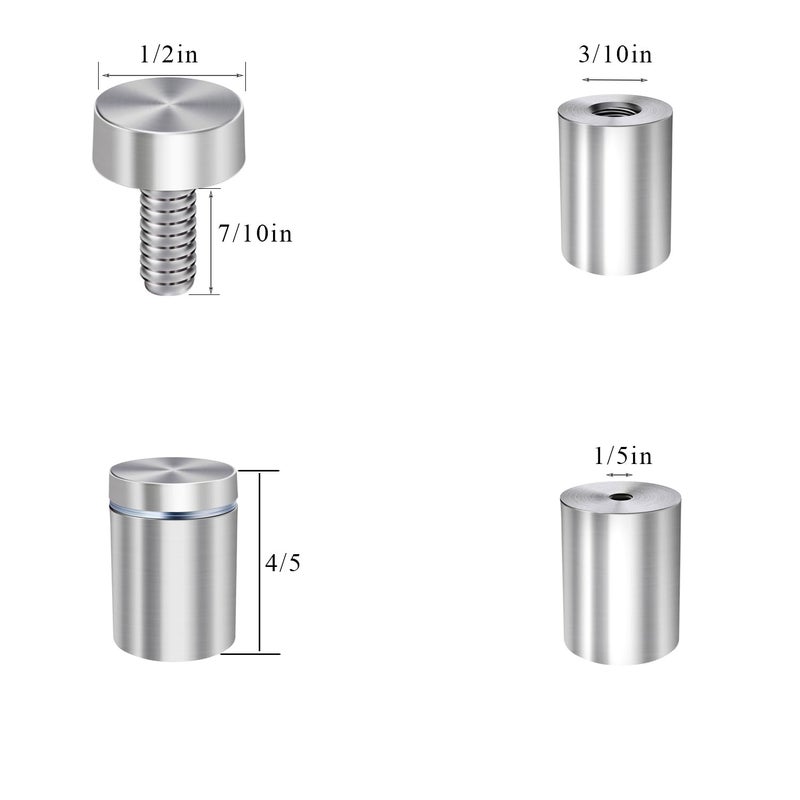 Osring 1/2” Dia x 4/5” L Standoffs Screws for Acrylic, Silver Sign Standoff Wall Mounts Hardware 16 Pack, Stainless Steel Advertising Nails for Glass Board and Signage - Image 2